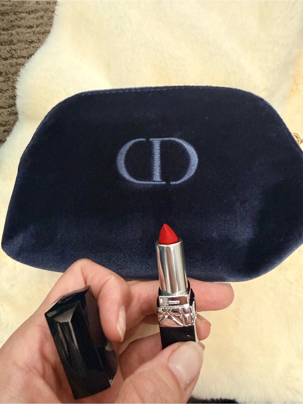 Dior Rough Red 999 Velvet Lipstick with Navy Velvet Dior Pouch